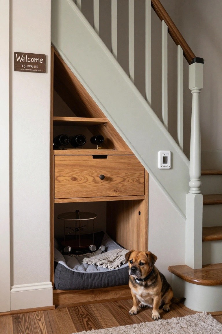 Built-in wooden storage under a staircase with wine rack, drawer, dog bed holding a sitting pug mix, model ship, and welcome sign nearby, beside pale green stairs and wood floors.