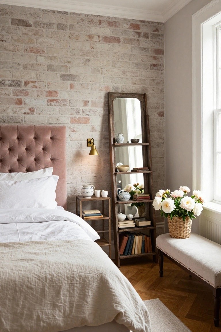 Bedroom with blush pink tufted velvet headboard against whitewashed brick wall, leaning wood ladder mirror shelf with ceramics and books, wood nightstand with teapot and cups, white bedding, wicker basket of peonies, upholstered bench, hardwood floor, and window.