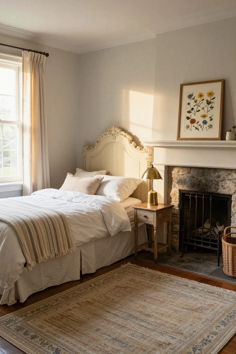 Bedroom corner with carved white headboard bed dressed in white linens and striped throw, wooden nightstand holding gold lamp, stone fireplace with screen and log basket, botanical print on wall, beige oriental rug on wood floor.