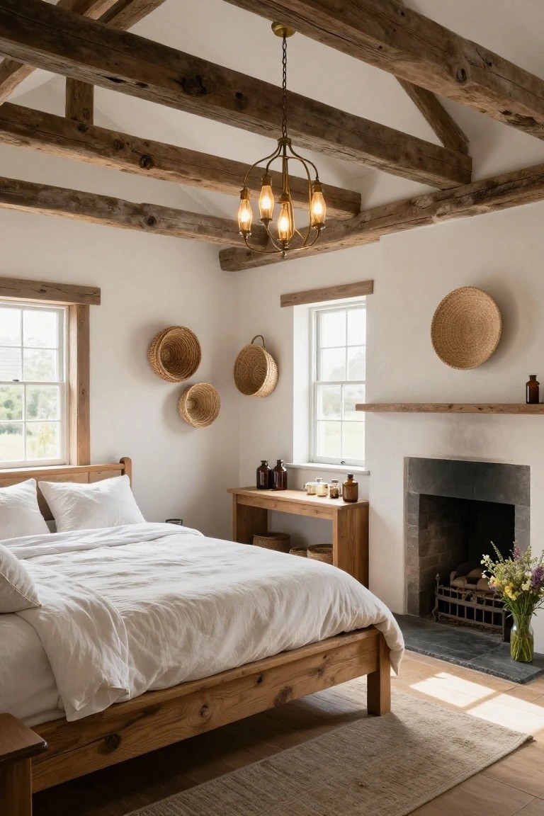 A farmhouse bedroom with exposed wooden beam ceiling, white walls, wooden bed with white linens, stone fireplace, wooden side table, woven baskets on walls, and brass chandelier.