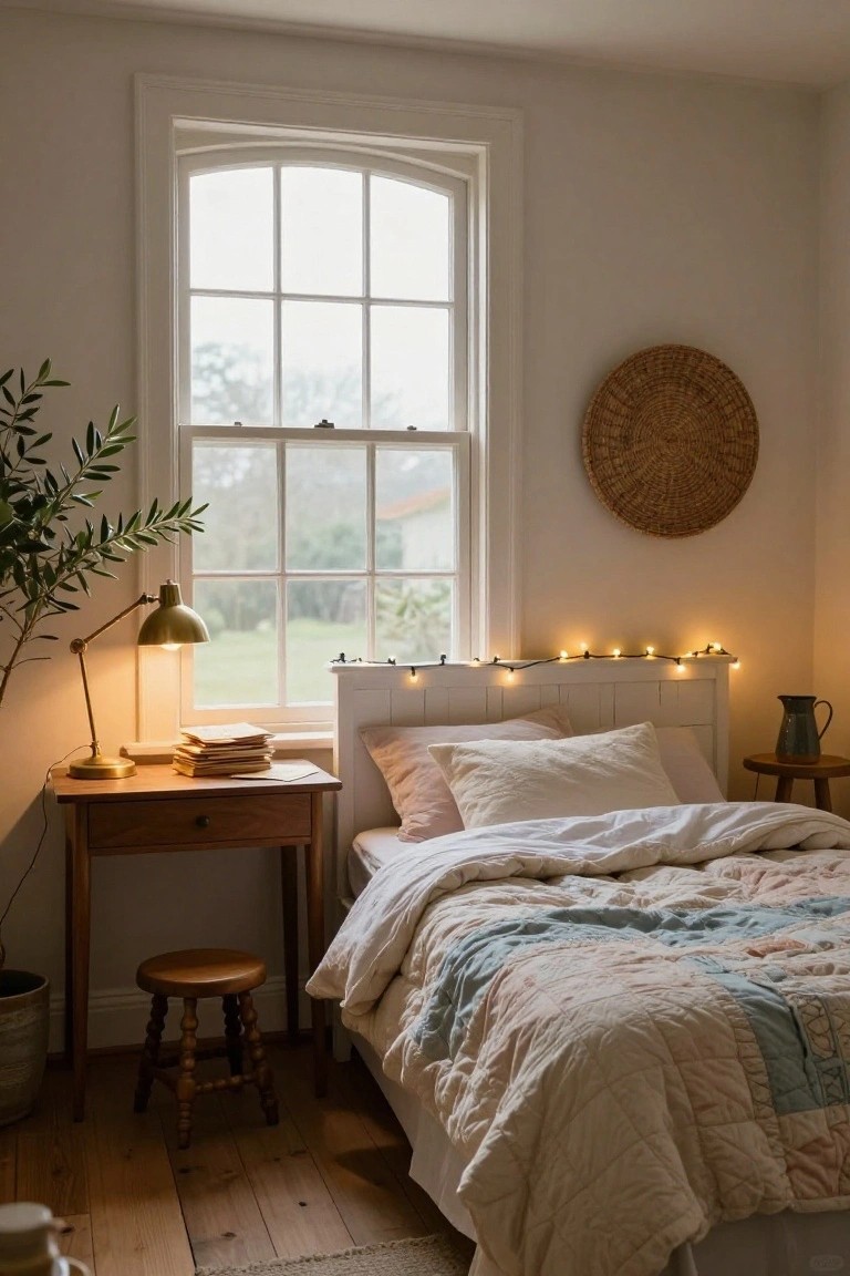 Cozy bedroom interior with white paneled bed strung with fairy lights, wooden desk and stool with brass lamp and books, olive plant in pot, woven wall hanging, and window showing garden view.