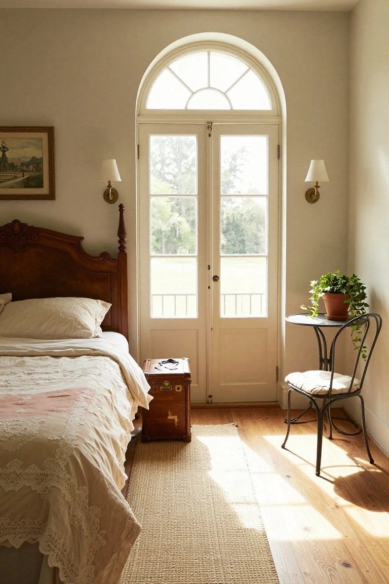 Light-filled bedroom with ornate wooden bed frame, white French doors with arched fanlight opening to a lawn, beige walls, wooden floors, small table with potted plant, and wall lamps.
