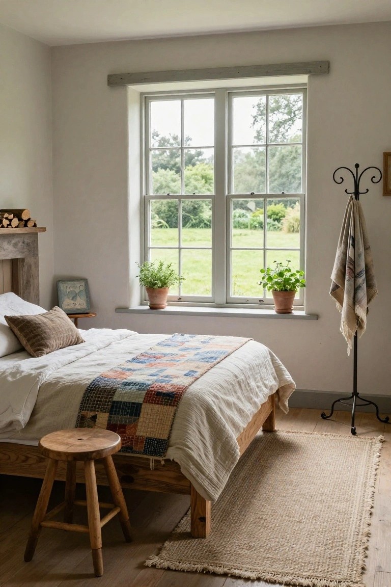 A farmhouse bedroom with a low wooden bed frame topped by a colorful patchwork quilt and white linens, a wooden stool beside the bed, potted plants on the stone windowsill, a coat rack with draped towel, and a view of green fields through multi-pane windows.