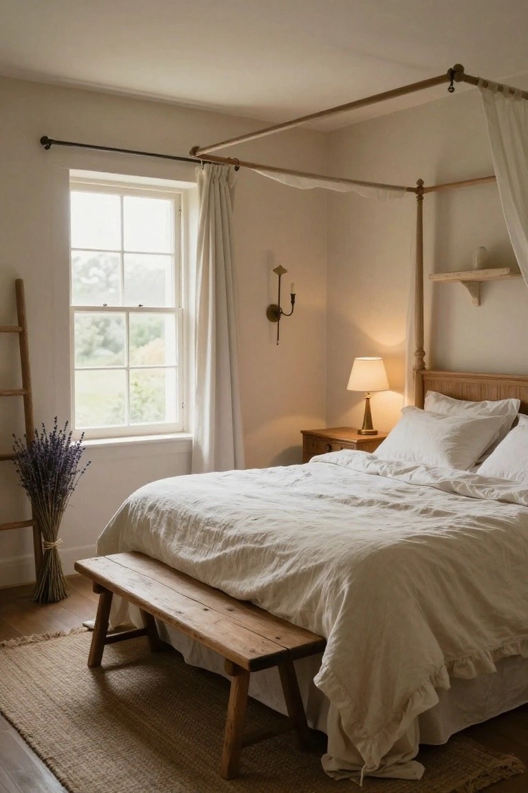 A cozy bedroom with a wooden four-poster bed draped in sheer white curtains, white linen bedding, wooden bench at the foot, side table with lamp, lavender bouquet, and window overlooking green landscape.