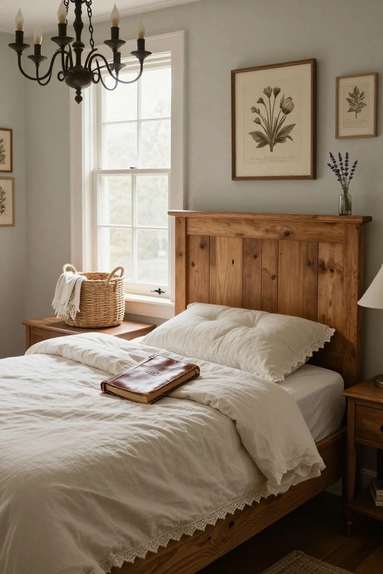 Bedroom interior featuring a tall wooden plank headboard behind a bed with white linens and pillows, flanked by wooden nightstands, a wicker basket on one side, botanical prints and lavender vase on pale gray walls, large window, and chandelier overhead.