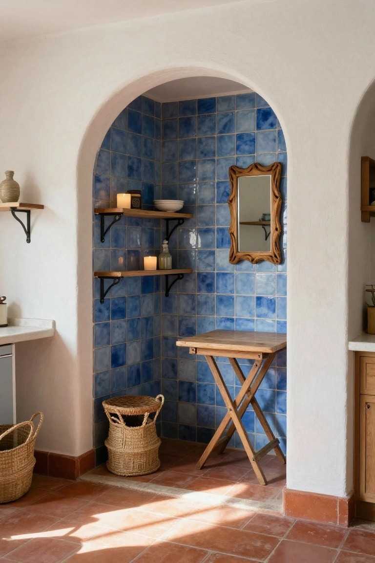 Arched recess with blue tiles and wooden floating shelves holding candles, bottles, bowls, and a mirror, plus a wooden folding table and woven baskets on terracotta floor next to white counter and cabinets.