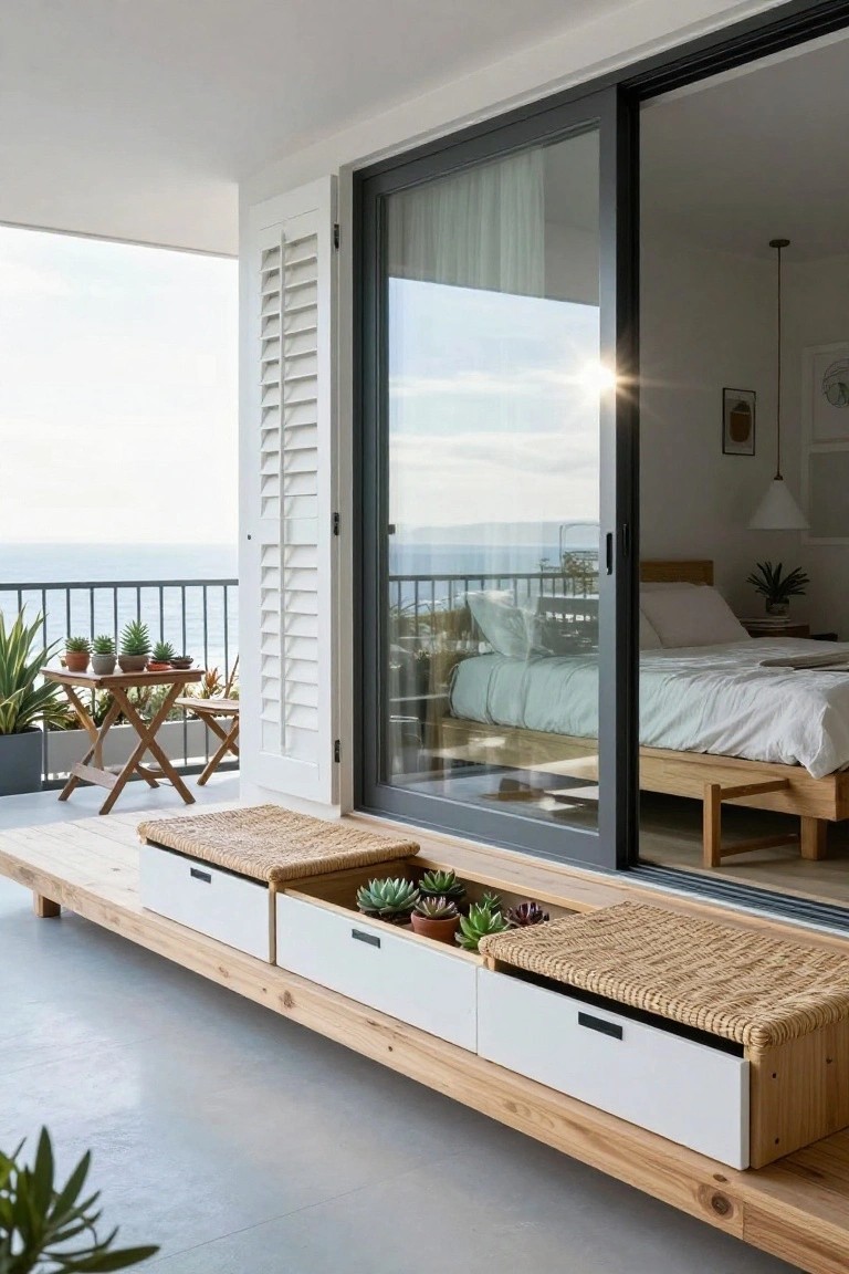 Wooden balcony bench with white drawers underneath holding small plants, topped with woven cushions, positioned next to open sliding glass doors showing a bedroom interior and ocean view.