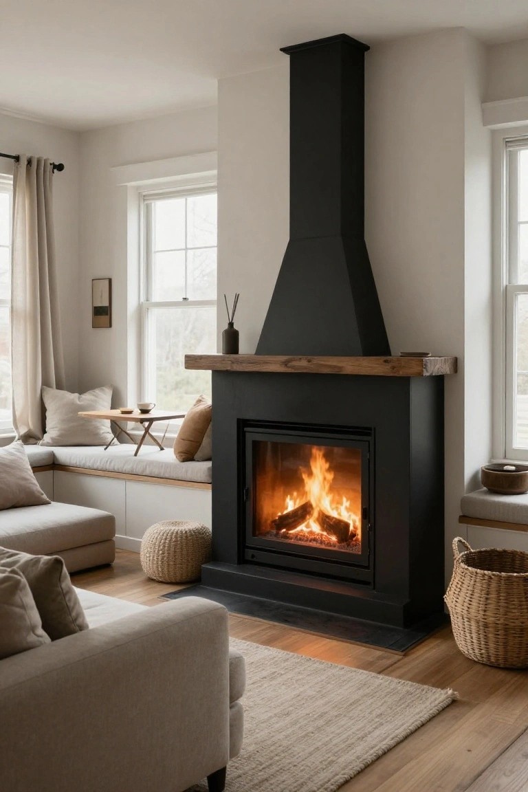 A cozy living room with a tall black corner fireplace, wooden mantel, built-in beige bench seat along two windows with cushions and small table, gray L-shaped sofa, woven pouf stool, basket, and neutral rug on wood floors.