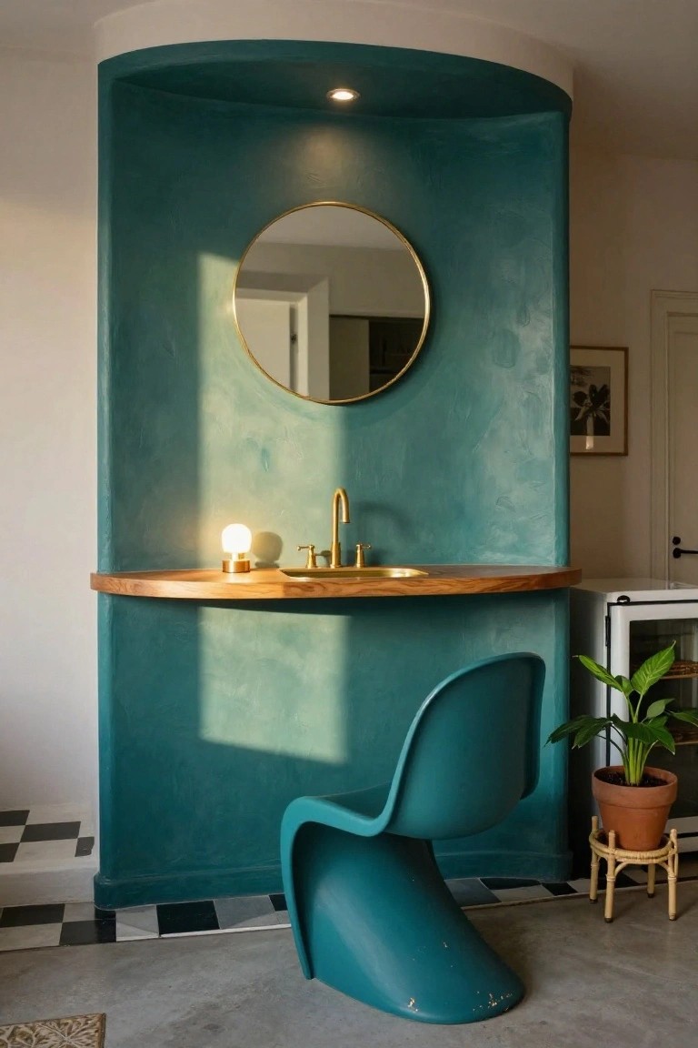 Teal curved plaster wall with round gold-framed mirror, gold faucet sink on wooden cantilevered counter, green molded plastic chair, potted plant, and checkered floor in an indoor room.