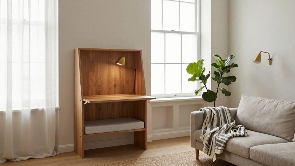 Wooden fold-down desk with open lid, brass desk lamp, and shelves mounted on white wall next to window with sheer curtains, wooden chair, potted fiddle leaf fig plant, and gray sofa in minimalist room.