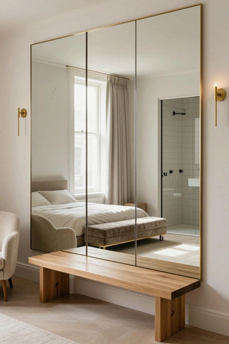 A tall gold-framed tri-fold full-length mirror mounted on a white wall in a bedroom, reflecting a bed with white linens, wooden bench, cream upholstered chair, and open bathroom with tiled shower.