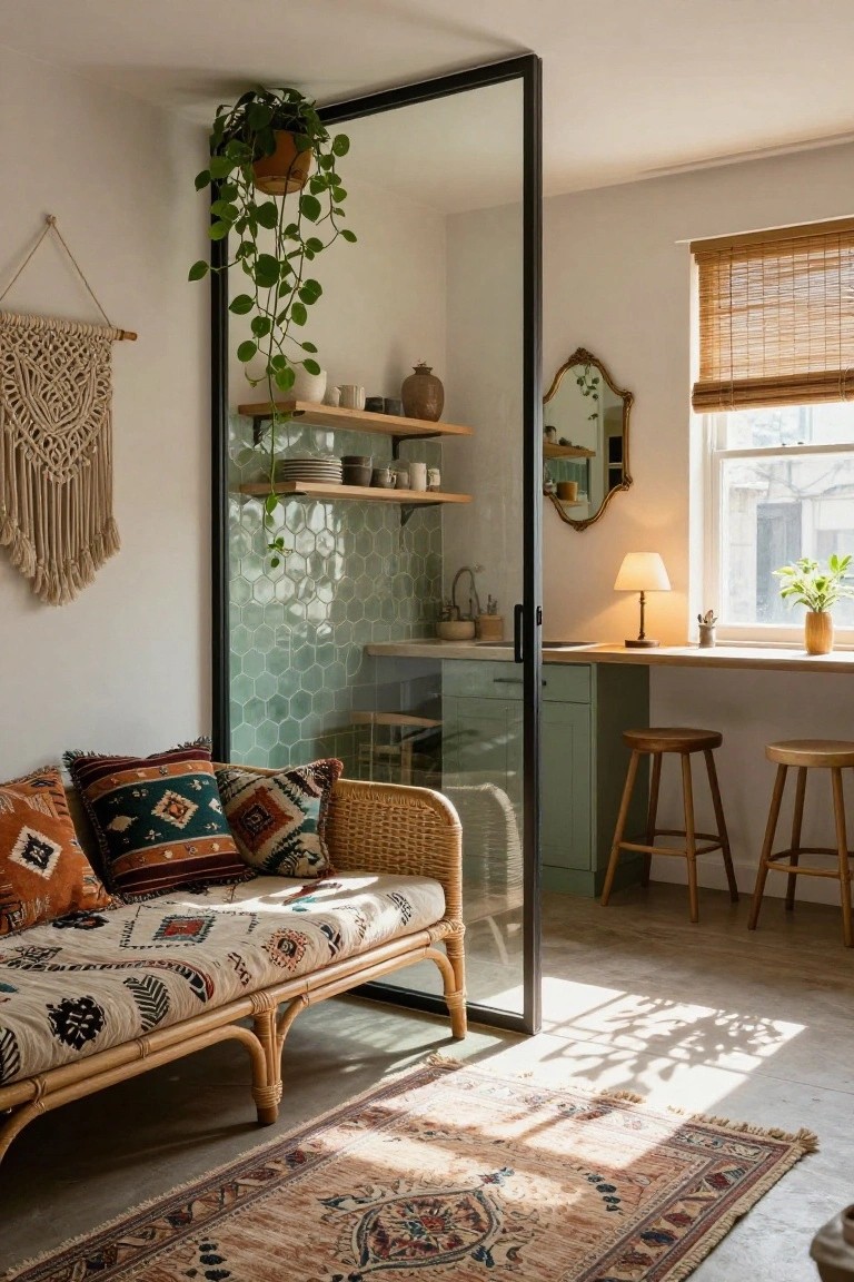 Small studio apartment with rattan daybed and colorful pillows in front of a tall frameless glass partition enclosing a green hex-tiled kitchen, wooden bar stools, plants, macrame hanging, and window with bamboo shade.
