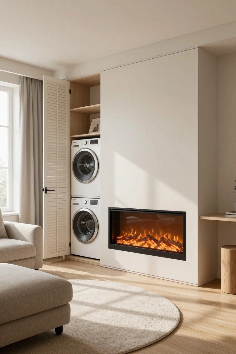 Modern interior with stacked white washer and dryer integrated into tall beige-trimmed white cabinetry beside a horizontal black-framed electric fireplace with orange flames, adjacent to a beige armchair and ottoman on light wood floors.