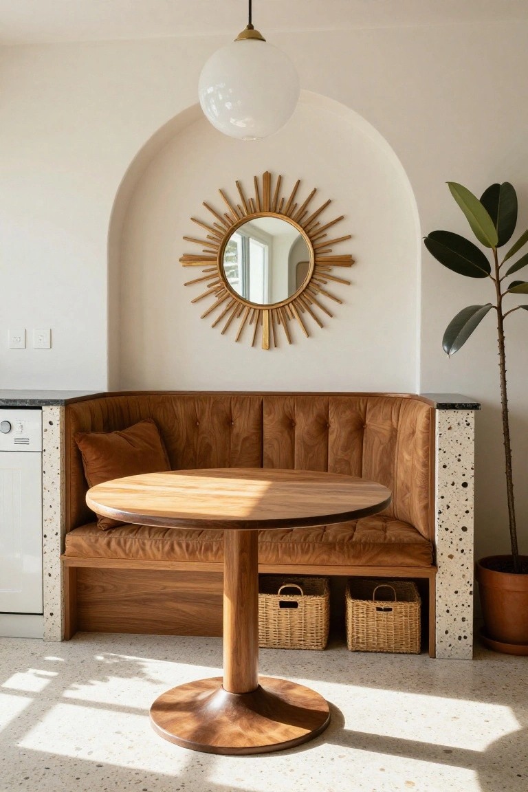 Kitchen nook with curved tan tufted leather banquette built into white terrazzo counter, round wooden table, gold sunburst mirror on arched white wall, potted plant, and wicker baskets underneath.