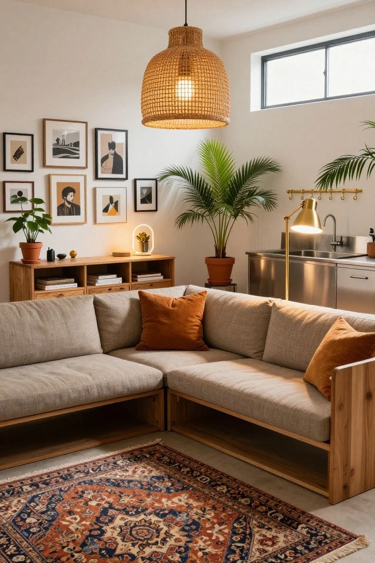 A small studio apartment living area with an L-shaped beige sofa on a wooden frame with open storage cubbies underneath, orange throw pillows, a colorful Persian rug, wall art, potted plants, a rattan pendant light, a neon lamp, and stainless steel kitchen sink nearby.