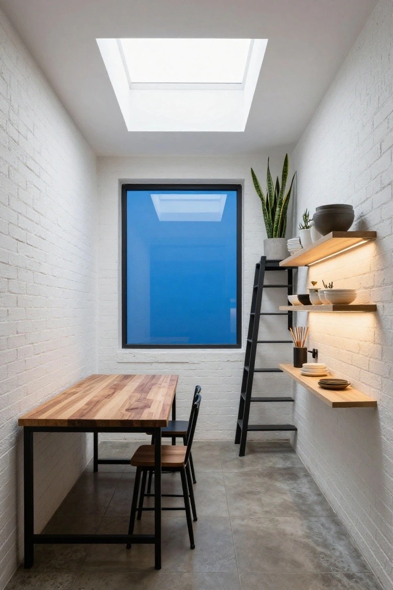 Narrow white brick interior room with skylight, large blue window, wooden dining table and chairs, black leaning ladder shelf with kitchen items, and floating wooden shelves holding dishes, plants, and utensils.