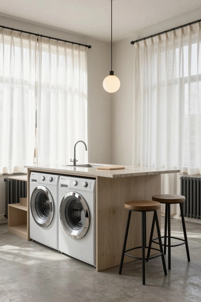Corner of a light-filled room with two white front-loading washing machines under a light wood kitchen island topped with a sink and cutting board, flanked by two wooden stools, near large windows with sheer curtains and radiators.
