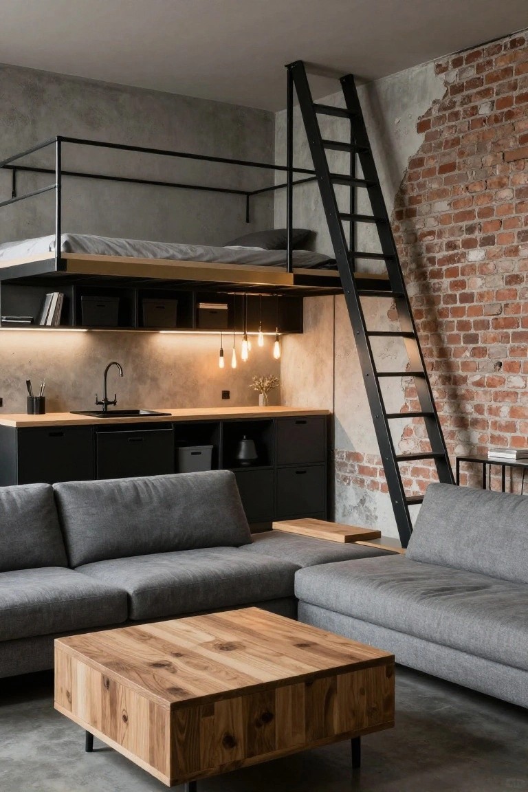 Compact studio apartment interior with elevated wooden loft bed accessed by black metal ladder, black kitchen cabinets and sink below, gray L-shaped sofa, wooden coffee table, on concrete floor against exposed brick wall.
