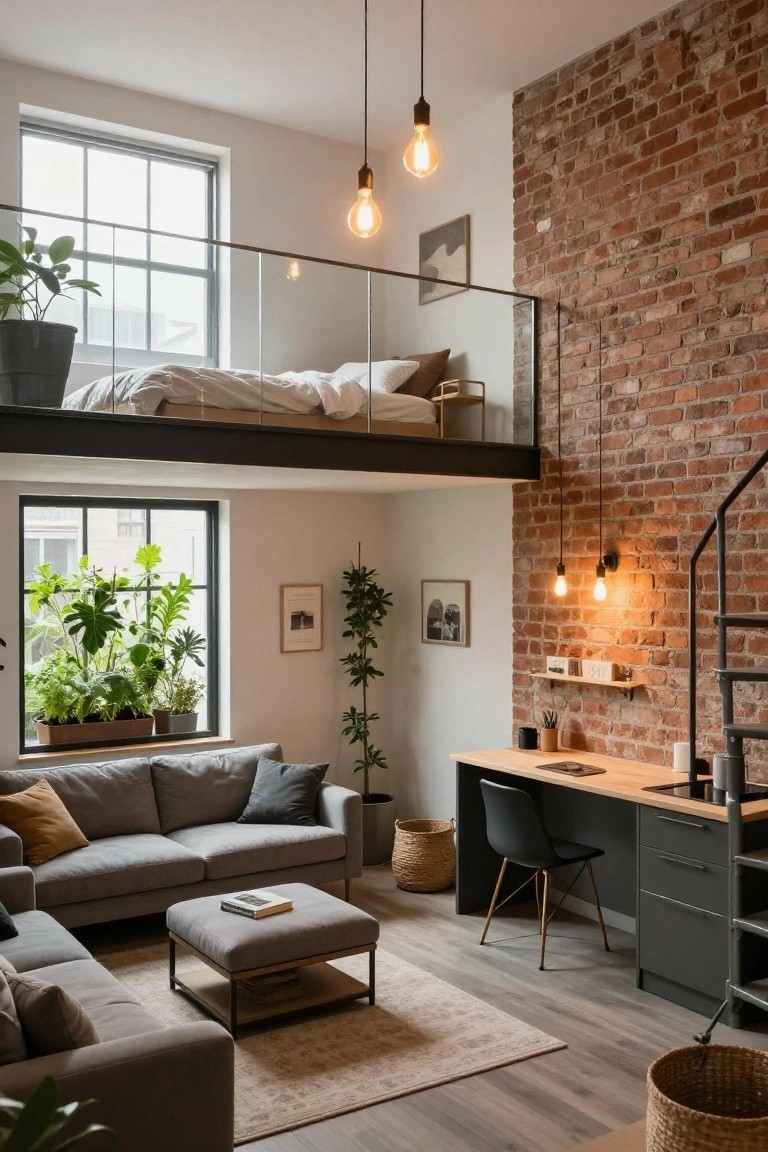 Small studio apartment interior with lofted bed above gray sofa, wooden desk, plants, exposed brick walls, and metal staircase.