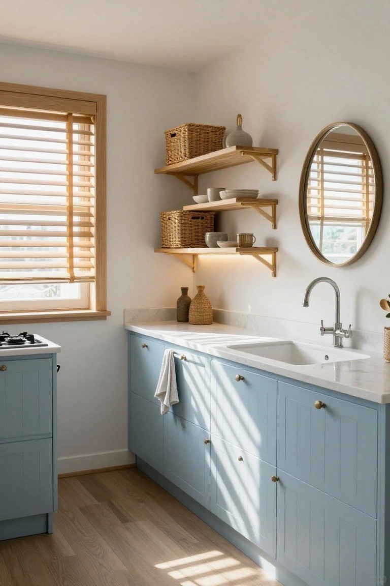 A narrow kitchen with light blue lower cabinets, white countertop, gas stove on the left, sink on the right, open wooden shelves above holding baskets and dishes, a round mirror on the wall, and a window with wooden blinds.