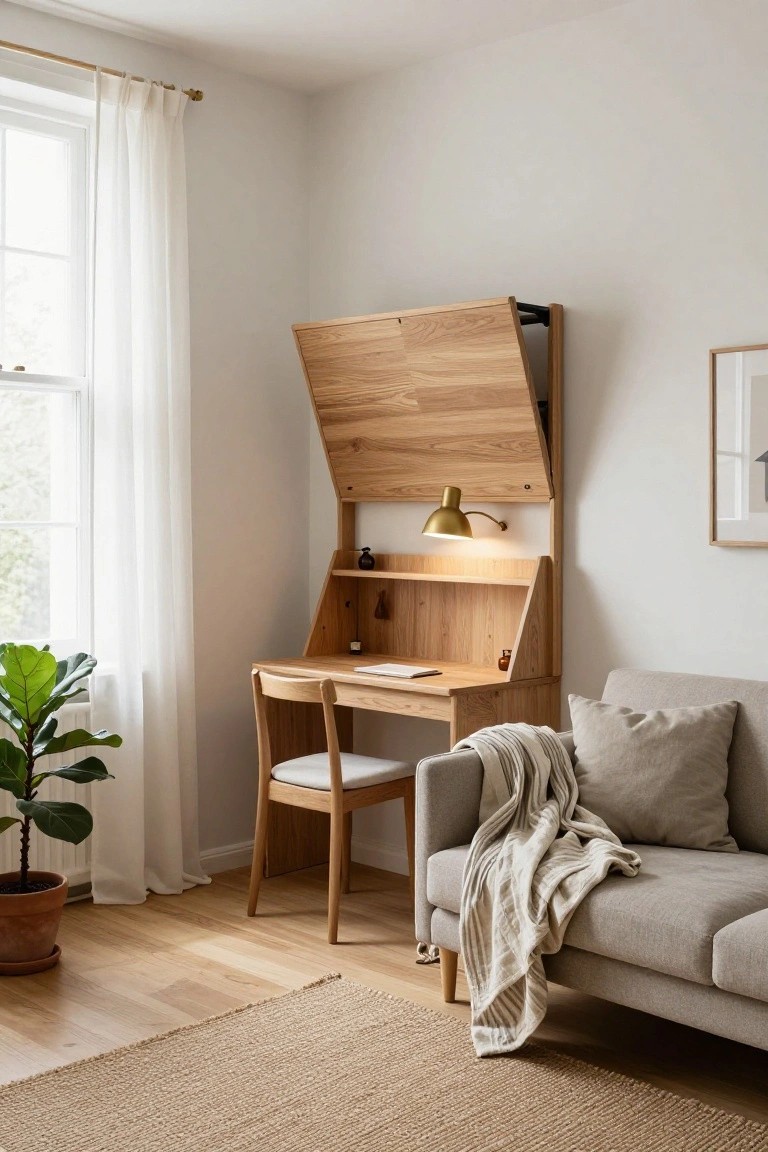 Wooden fold-down desk with open lid, brass desk lamp, and shelves mounted on white wall next to window with sheer curtains, wooden chair, potted fiddle leaf fig plant, and gray sofa in minimalist room.