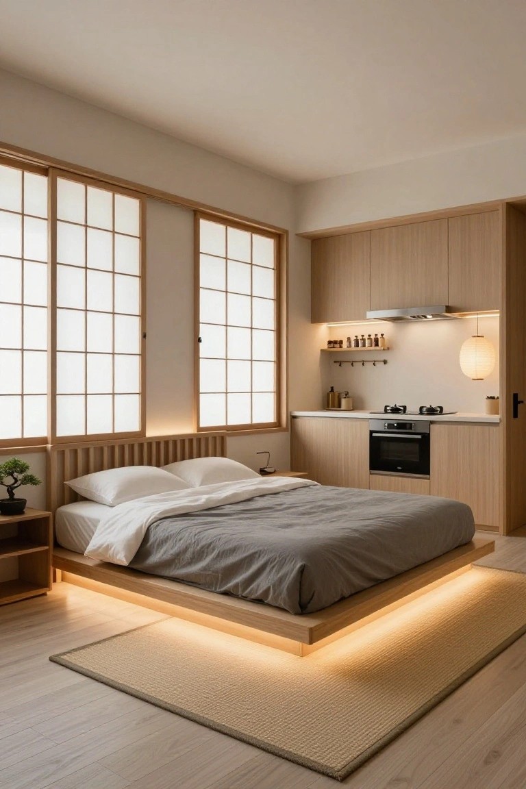 Small studio apartment interior with a raised wood platform bed next to a compact kitchen featuring light wood cabinets, shoji screen windows, and a tatami-style rug on light wood floors.
