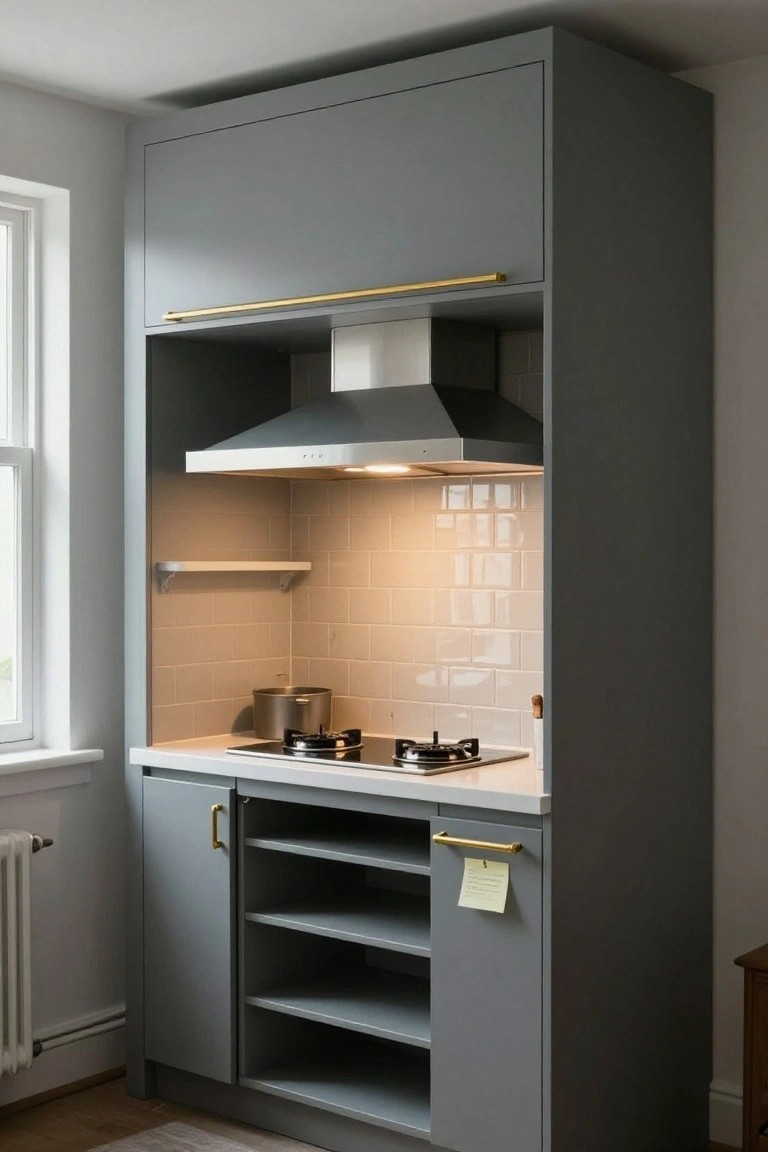 Tall gray kitchen cabinet unit with integrated gas cooktop, stainless steel hood, white subway tile backsplash, open shelves holding a pot, lower drawers, and gold handles in an indoor room with a window and radiator.