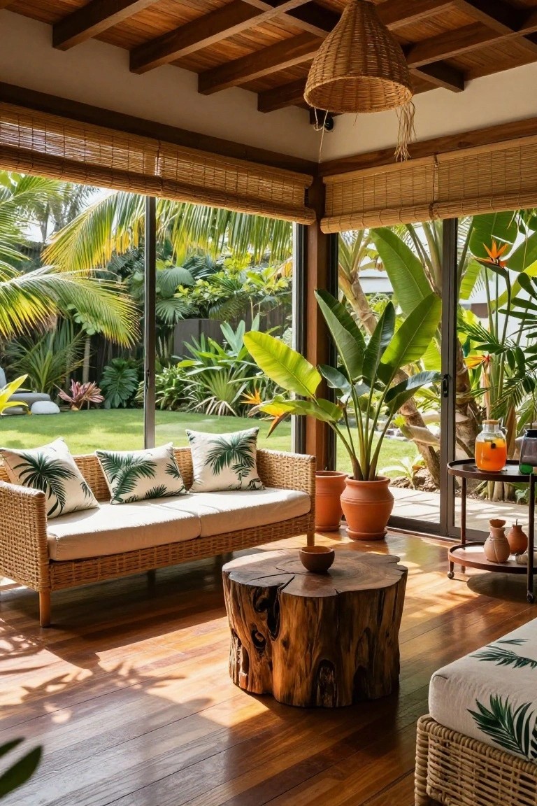 Sunroom with rattan sofa on cushions, wooden stump table, potted plants, bamboo shades on floor-to-ceiling windows, and tropical garden view.