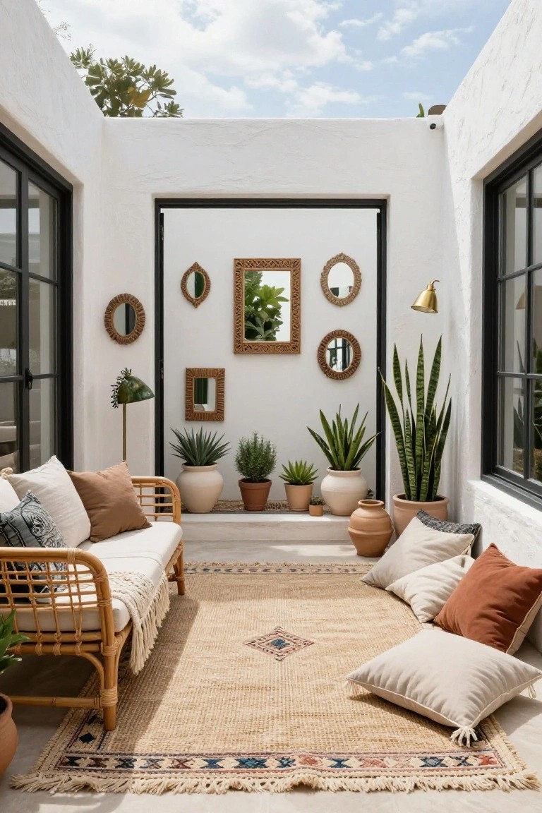 White stucco courtyard open to the sky with a rattan bench piled with cushions and pillows on a fringed jute rug, surrounded by potted succulents and snake plants, assorted round mirrors on the walls, and black-framed floor-to-ceiling doors on the sides.
