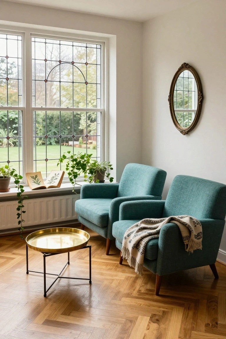 Bright interior room with two teal fabric armchairs facing large leaded glass windows overlooking a garden, ivy plants and open book on windowsill, brass tray table between chairs on parquet floor.
