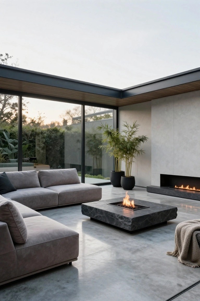 Modern living room corner with gray L-shaped sofa, square black stone table containing central gas fire pit, tall potted bamboo plants against gray wall with linear fireplace, polished concrete floor, and floor-to-ceiling black-framed windows showing garden outside.
