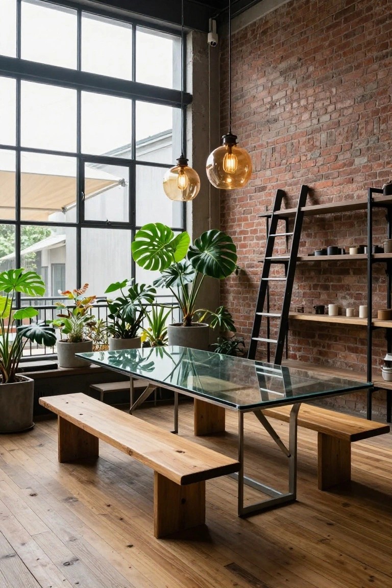 Sunroom interior featuring floor-to-ceiling multi-pane windows, exposed brick wall with black ladder shelving holding ceramics, multiple large potted plants, glass-top table with wooden benches, and wooden flooring.
