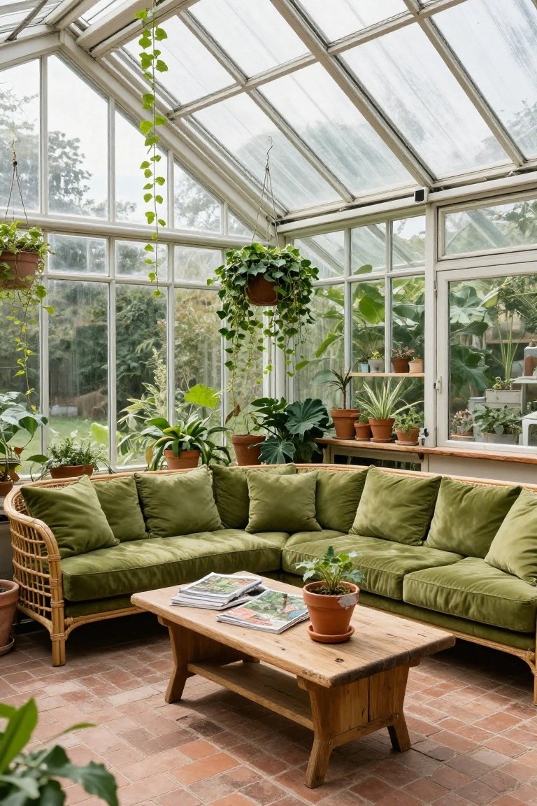 Sunroom with floor-to-ceiling glass walls and ceiling, filled with hanging and potted plants, featuring an L-shaped rattan sofa upholstered in green velvet around a wooden coffee table on terracotta tile floor.