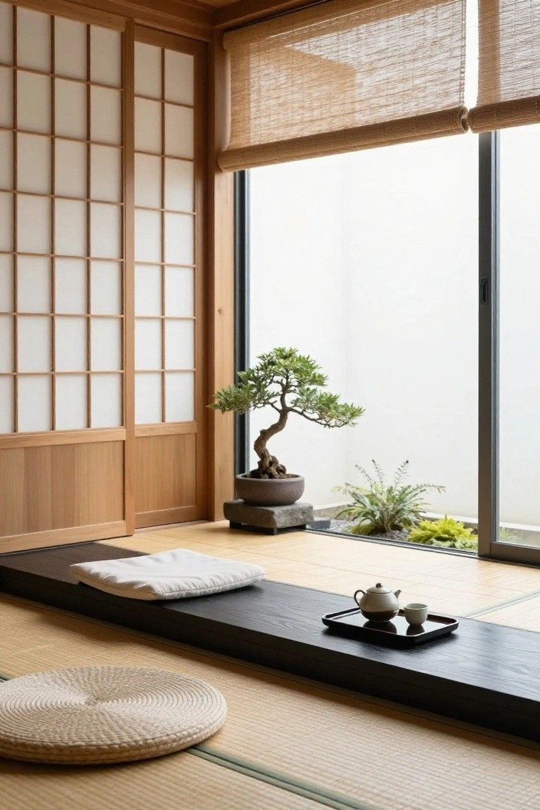 Japanese-style interior room with tatami floor, shoji screens, zabuton cushions, engawa platform holding a teapot and cup, bonsai tree in black pot on stone, and floor-to-ceiling sliding glass doors overlooking a small garden.