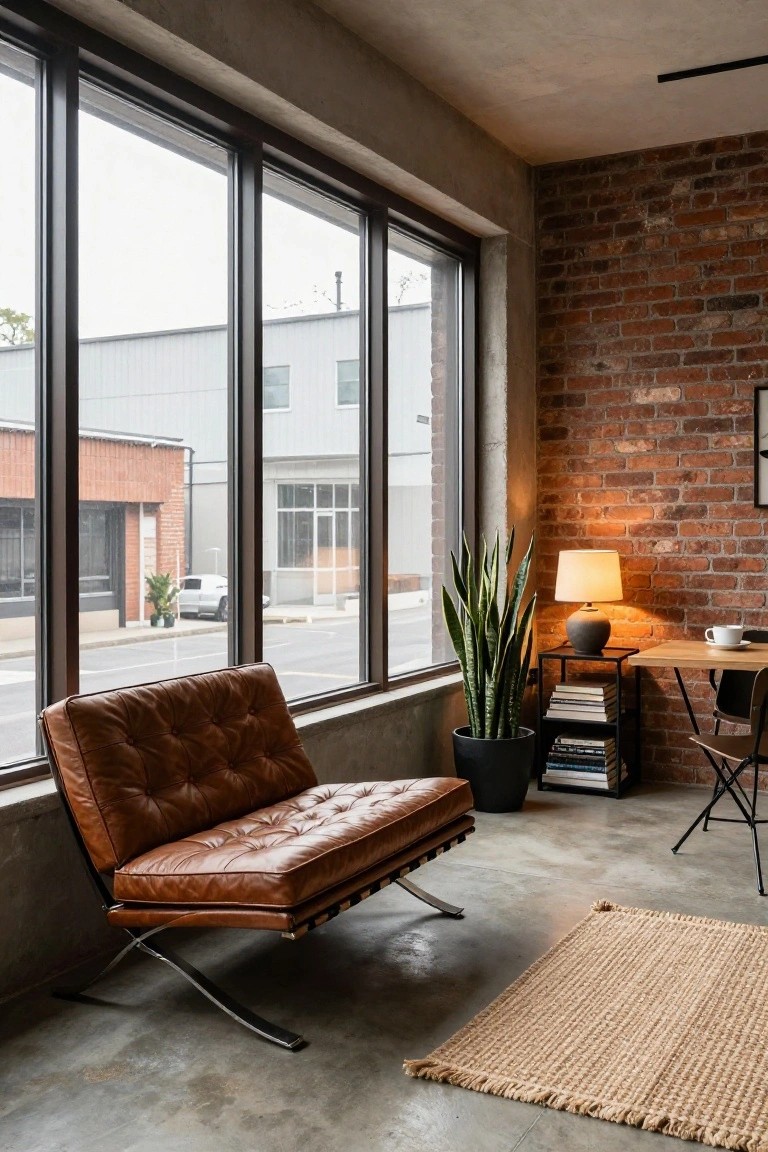Modern industrial interior with floor-to-ceiling windows overlooking a street, tan leather lounge chair on polished concrete floor, snake plant in black pot, table lamp, and small wooden desk against brick wall.