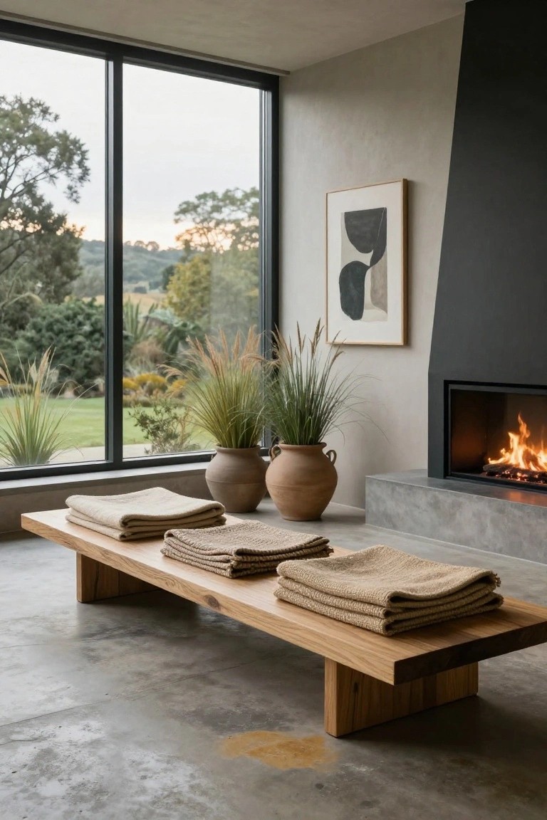 Minimalist sunroom interior with black-framed floor-to-ceiling windows overlooking trees and garden, low wooden bench stacked with folded beige throws, two terracotta pots with pampas grass, and lit fireplace on concrete ledge.