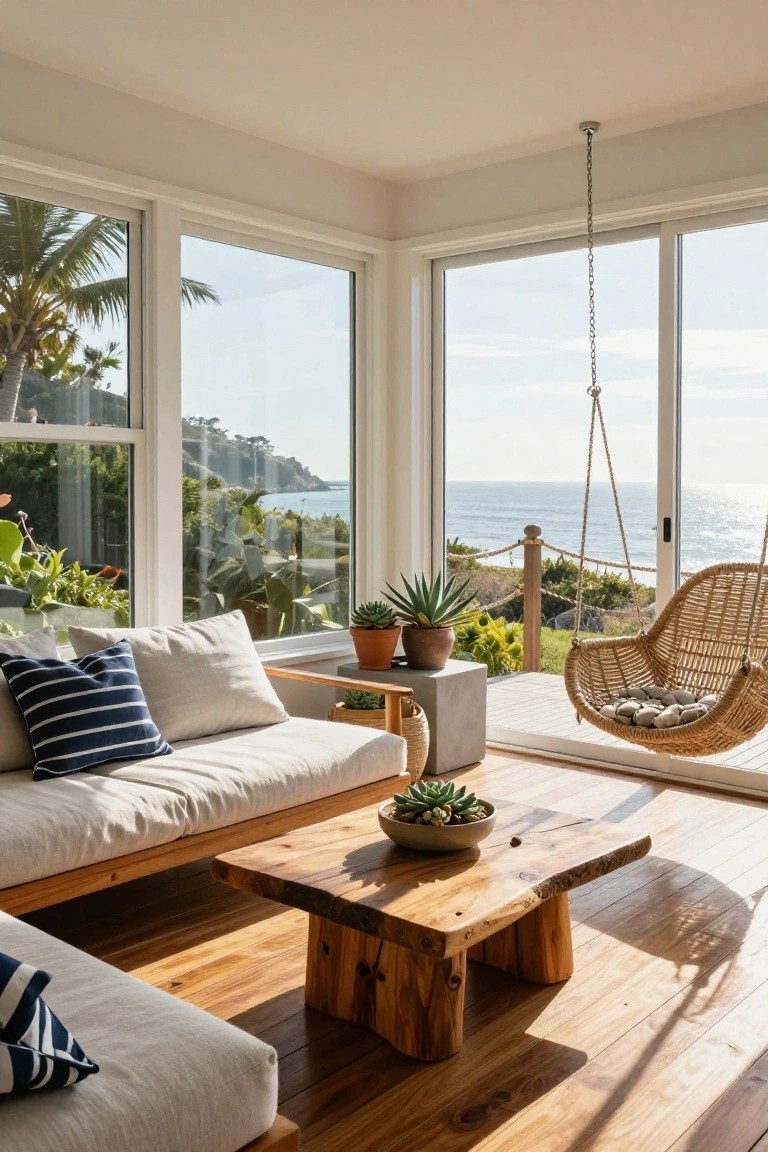 Sunroom interior with floor-to-ceiling windows showing ocean view, low white sofas with blue pillows, live-edge wooden coffee table, potted succulents, and hanging wicker swing chair on wooden floor.
