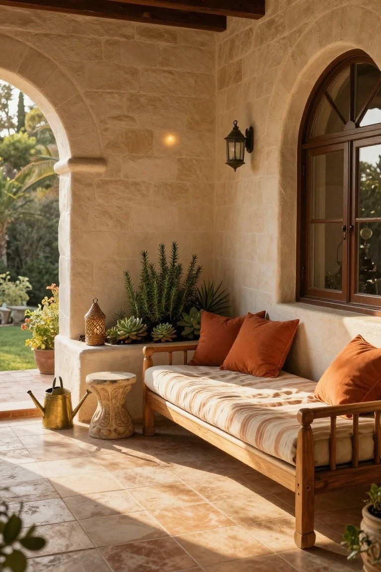 Covered stone porch corner with wooden daybed, orange cushions, potted plants including succulents, lanterns, brass watering can, carved stool, arched window, and garden view.