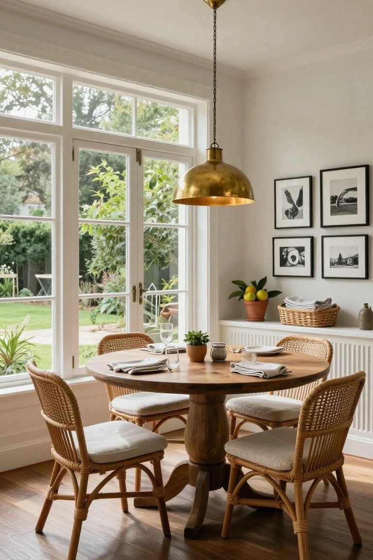 Sunroom dining area with floor-to-ceiling windows overlooking a garden, round wooden pedestal table, four rattan chairs with white cushions, brass pendant light, potted plants, and black-framed photos on the wall.