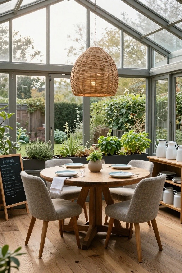 Sunroom with floor-to-ceiling glass walls enclosing a round oak dining table set for four with gray upholstered chairs, potted plants, a woven pendant light, and a chalkboard menu stand.