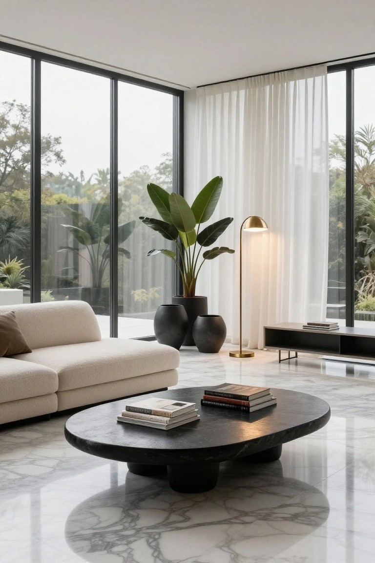 Modern living room interior with cream L-shaped sofa, black round coffee table holding stacked books, tall tropical plants in black pots, gold arched floor lamp, sheer white curtains on black-framed floor-to-ceiling windows overlooking lush greenery, and polished white marble floor.