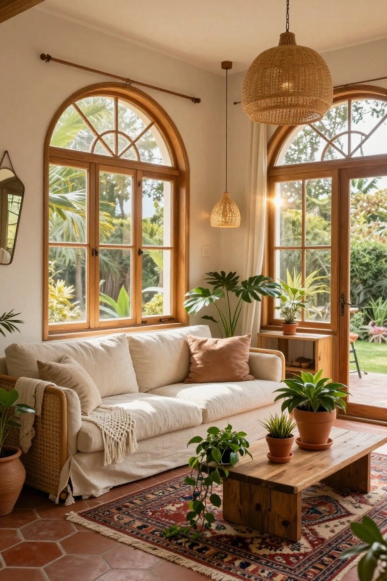 Sunroom with cream linen sofa, rattan armchair, wooden coffee table, potted plants, arched wooden windows, and French doors overlooking tropical garden on terracotta hexagonal tiles.
