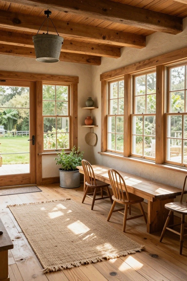 Sunroom with exposed wooden beam ceiling, hanging galvanized bucket light, row of large multipane windows overlooking garden, wooden bench table with ladderback chairs, plants on shelves and floor, jute rug on wood floor.
