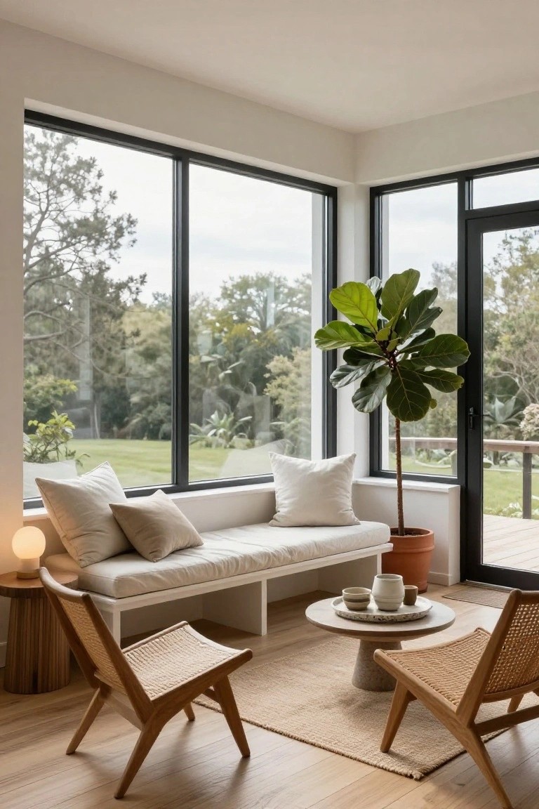 Bright, modern living room with large windows, a plant, and minimalist furniture.