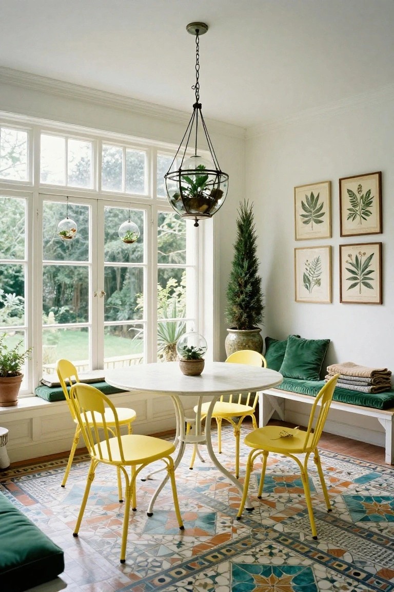 Sunroom nook with floor-to-ceiling windows, round white pedestal table, yellow metal chairs, green velvet banquette seating along windowsill, potted plants, tall fir tree, and colorful terracotta tile floor.