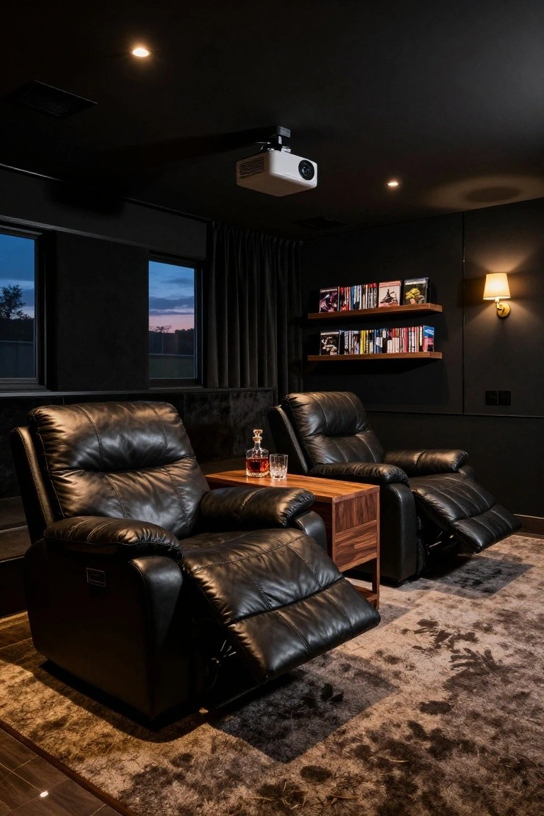 Dark home theater room with two adjacent black leather power recliners in reclined position, wooden side table with whiskey bottle and glasses, wall shelves holding DVDs and Blu-rays, ceiling-mounted projector, and large curtained windows showing dusk outside.