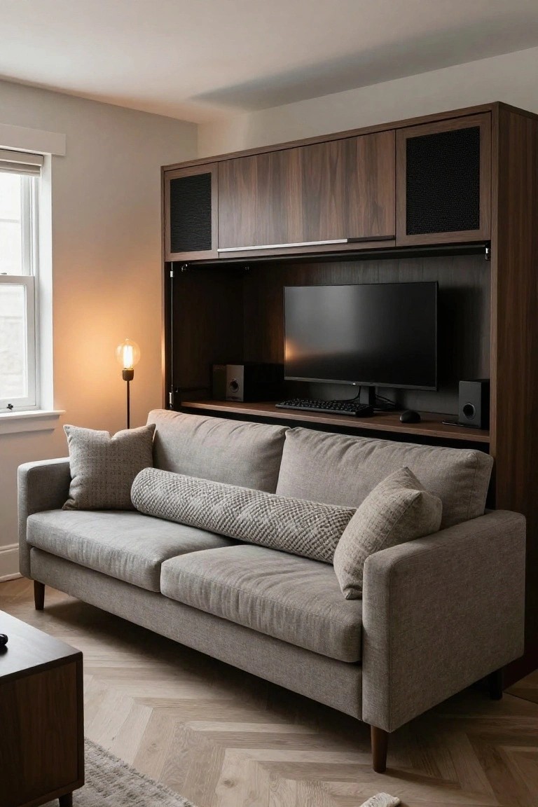 Modern living room with open walnut cabinet displaying large curved black monitor, keyboard, mouse, and speakers above a gray sofa on herringbone wood floor.