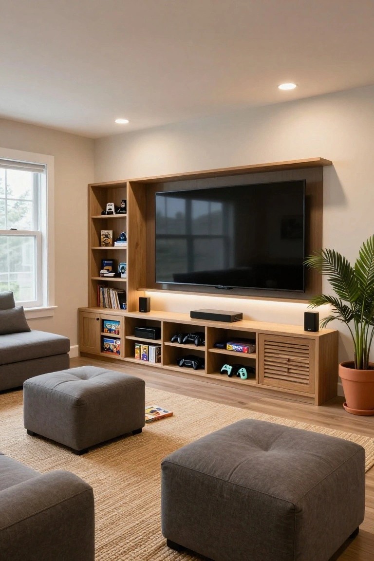 Modern interior room featuring a large wall-mounted TV in a wooden built-in entertainment center with open shelves displaying books, games, and gaming consoles, flanked by cabinets, gray ottomans on a wood floor, and a potted plant.