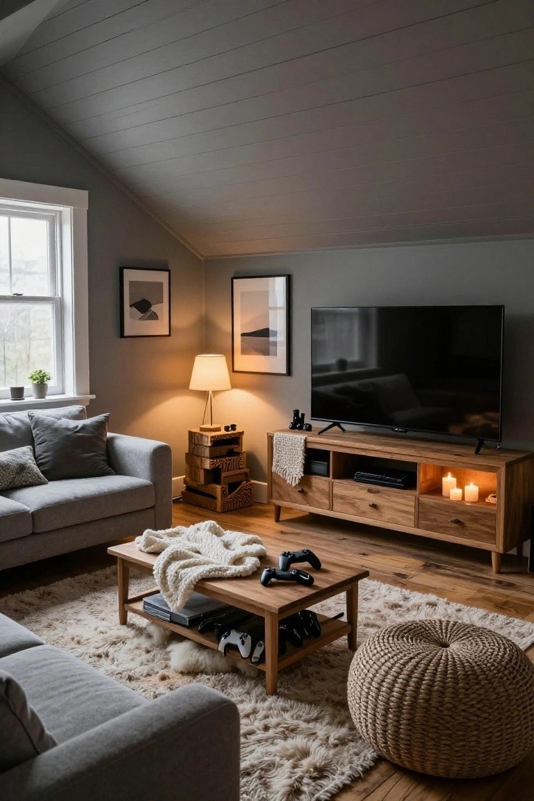 Attic room with sloped gray ceiling, gray sofa, wooden TV stand with black TV and lit candles, wooden coffee table holding gaming controllers and console, shag rug, and rattan pouf.