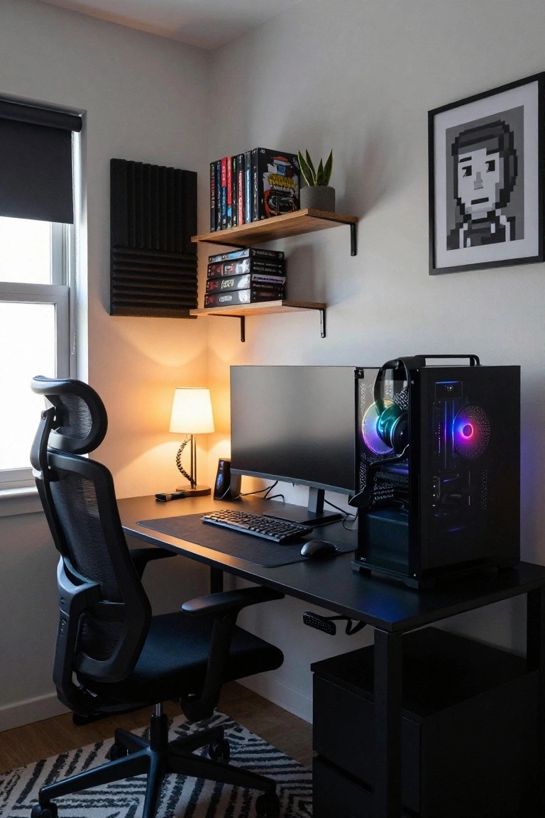 Corner of a room with black adjustable desk holding keyboard and mouse, black monitor screen off, RGB-lit PC tower next to it, mesh ergonomic chair, wall shelves with books and plant, acoustic foam panels, and framed pixel art portrait.